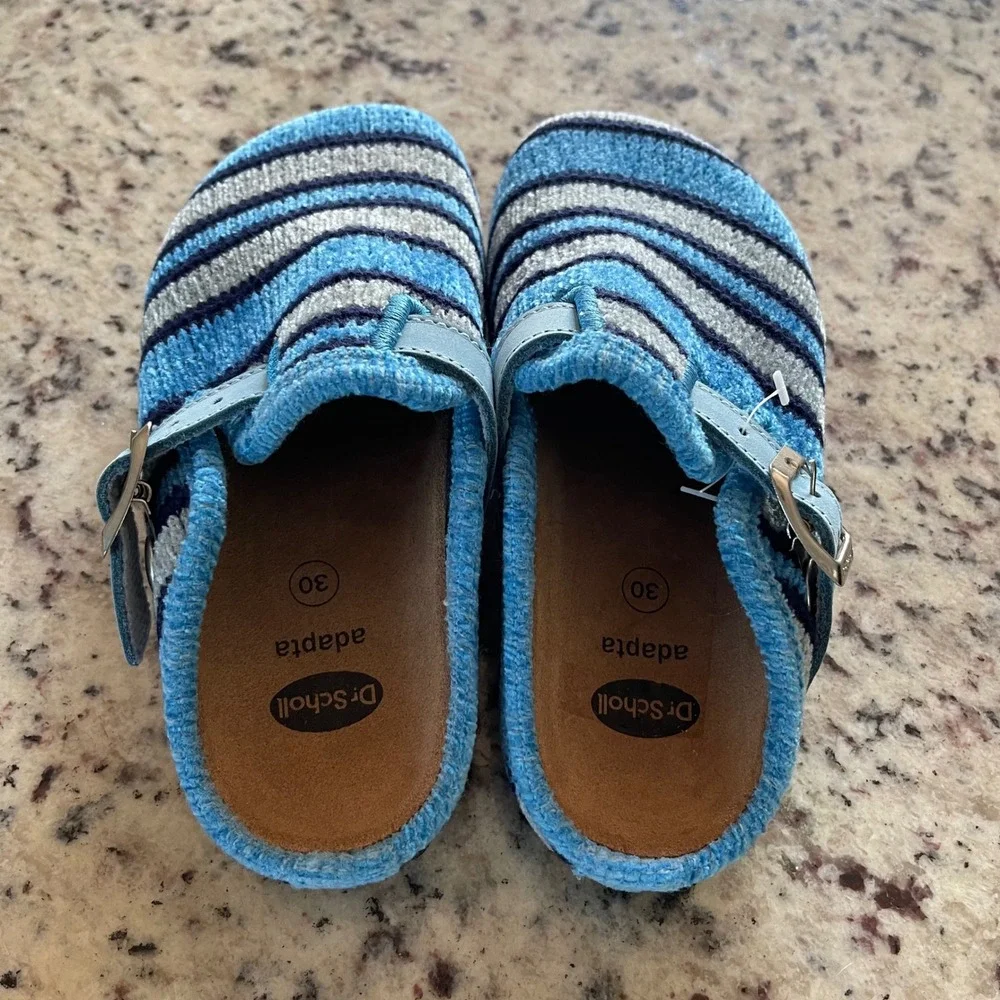 Dr. Scholl Adapta Clogs Kids 30 Blue Striped Cozy Knit Buckle Strap Mules Shoe